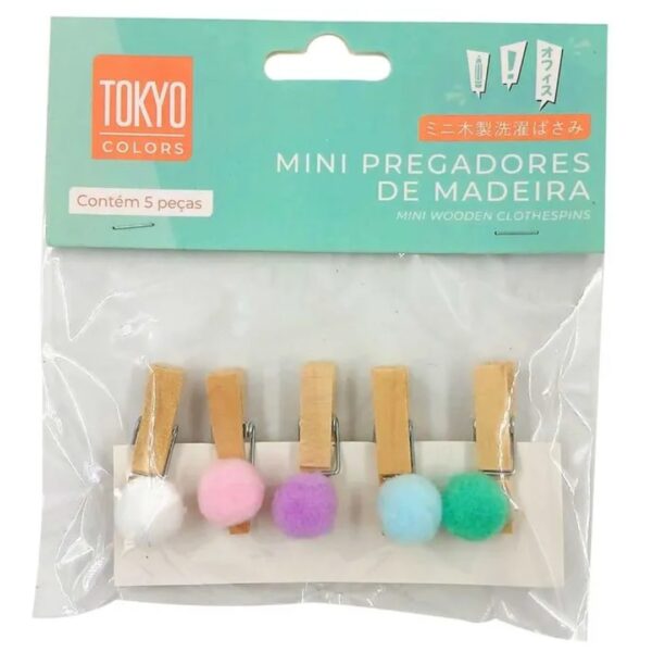 Mini Prendedor Pompom 5 Peças em Madeira Tokyo Design